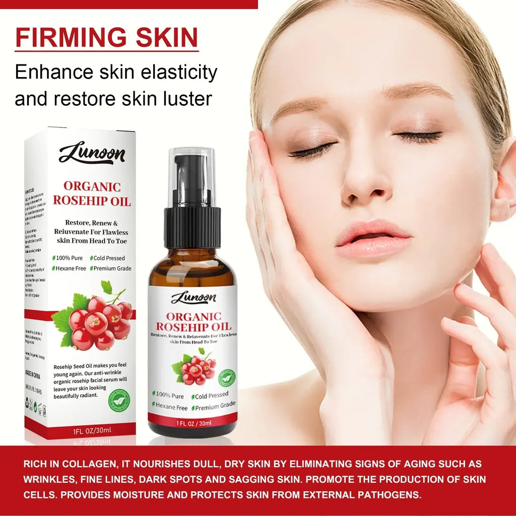 Lunoon organic rosehip essential oil in brown glass spray bottle with white label and red berries for skin moist