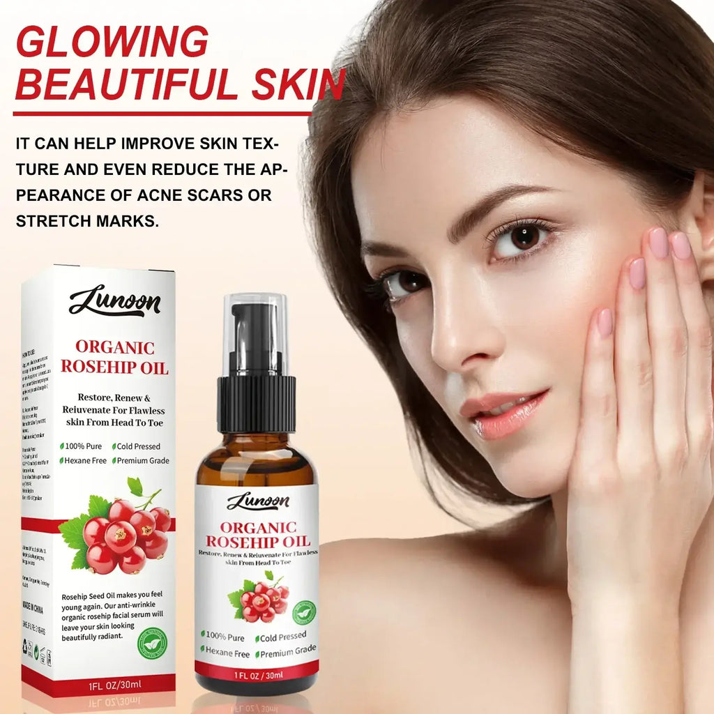 Lunoon organic rosehip essential oil in a brown glass bottle with black spray for skin moist and care