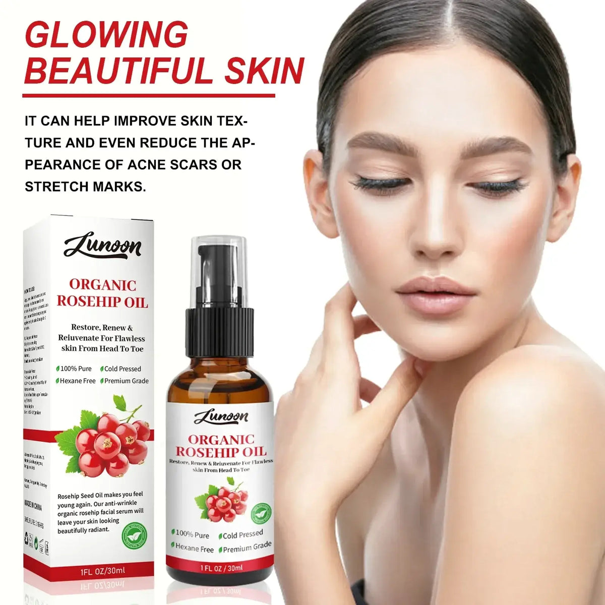 Lunoon organic rosehip essential oil in brown glass bottle with black spray nozzle for skin moist and care