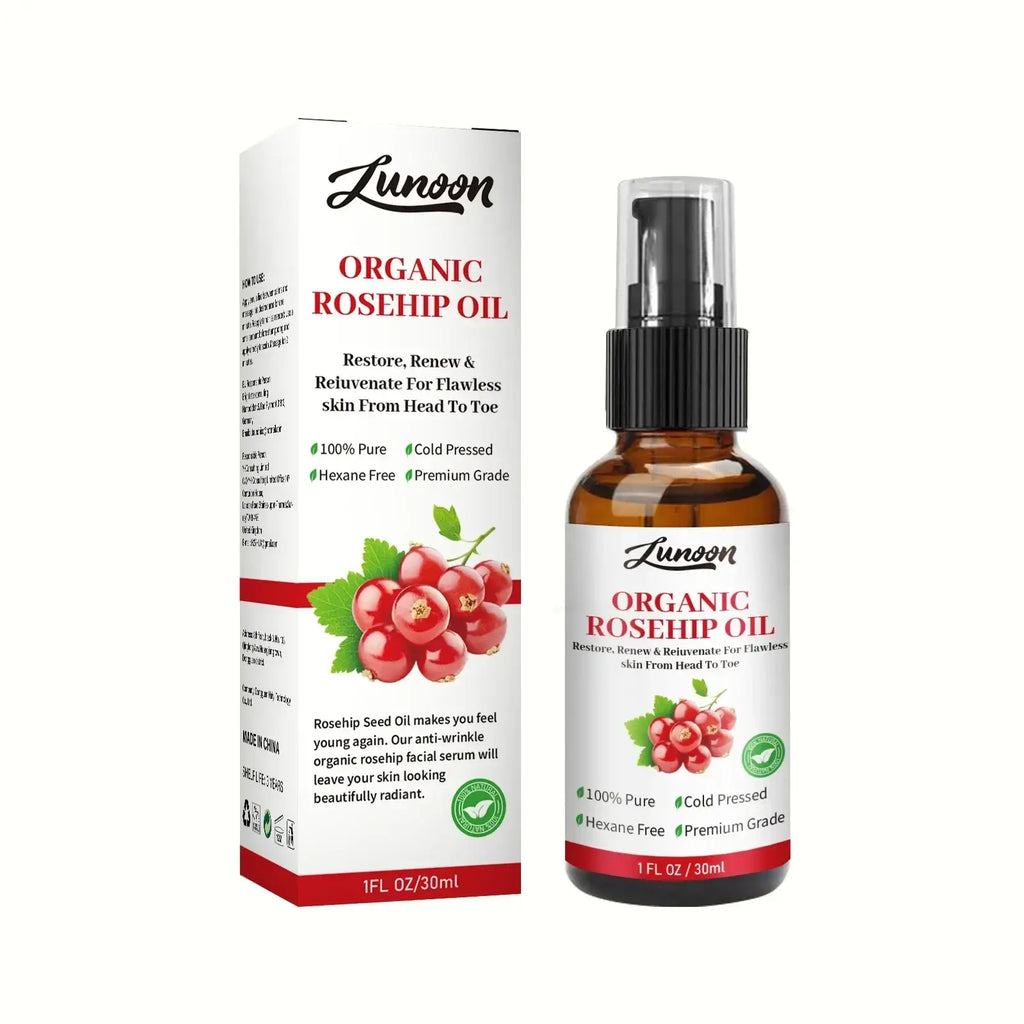Zunoon organic rosehip essential oil in brown glass bottle with black spray for skin moist with white and red box packaging