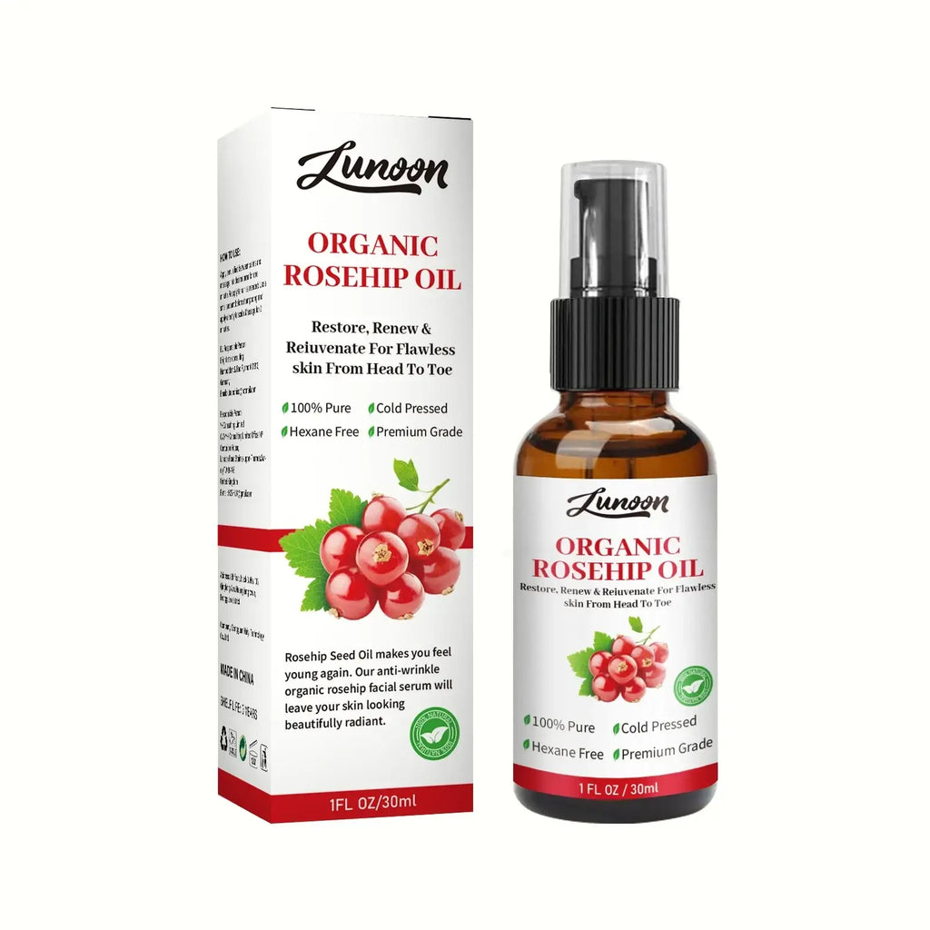 Zunoon organic rosehip essential oil for skin moist in a brown glass spray bottle with white and red box packaging