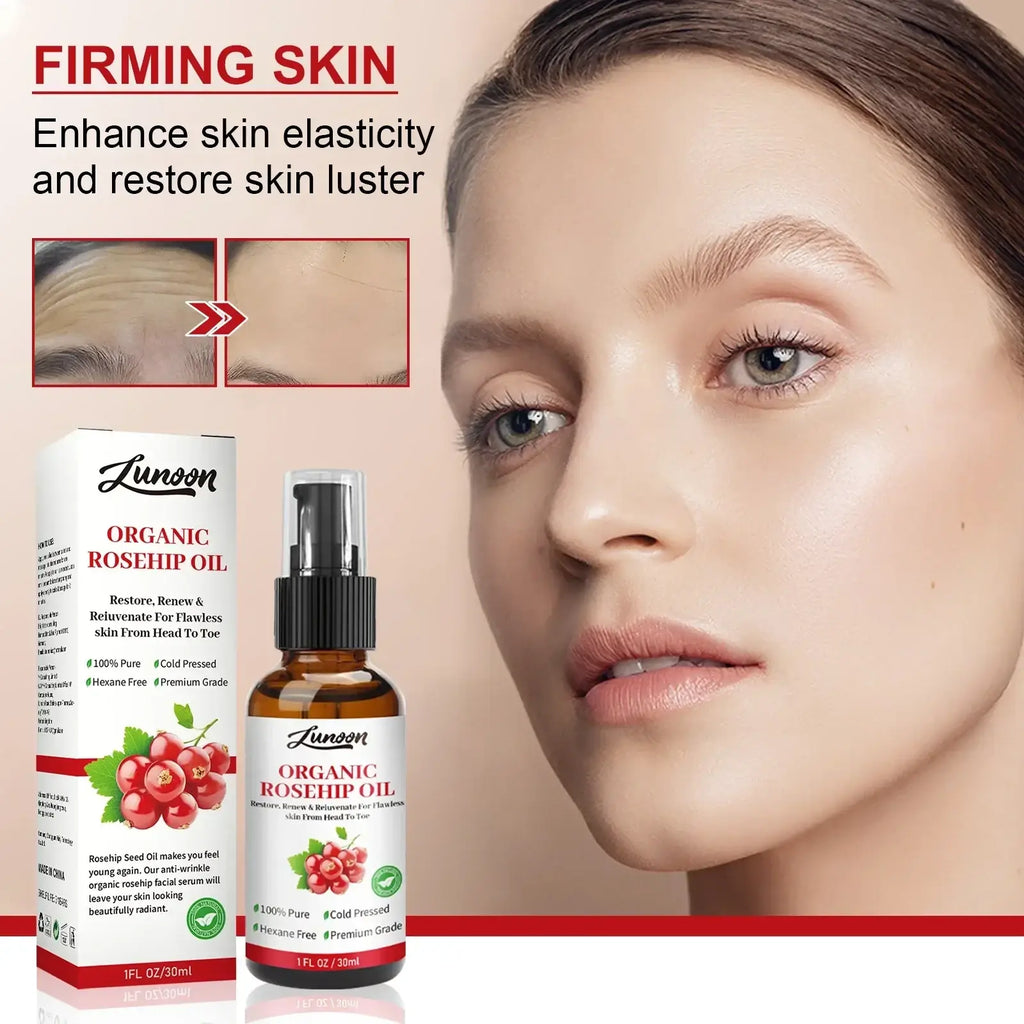 Zunoon organic rosehip essential oil in amber glass bottle with black spray for skin moist with matching box