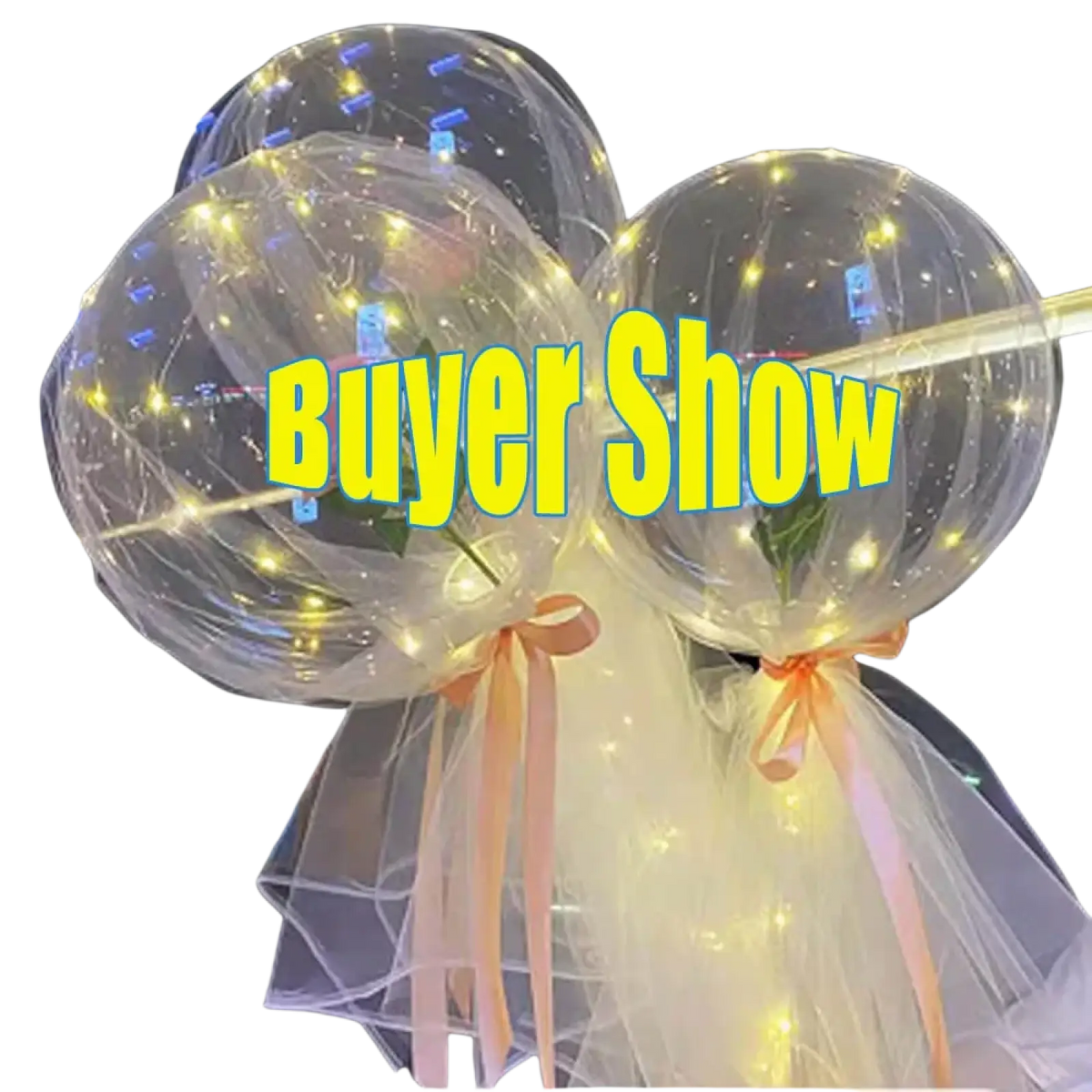 Clear transparent balloon bouquets with warm white led lights and peach ribbons made with organza fabric 70cm roll
