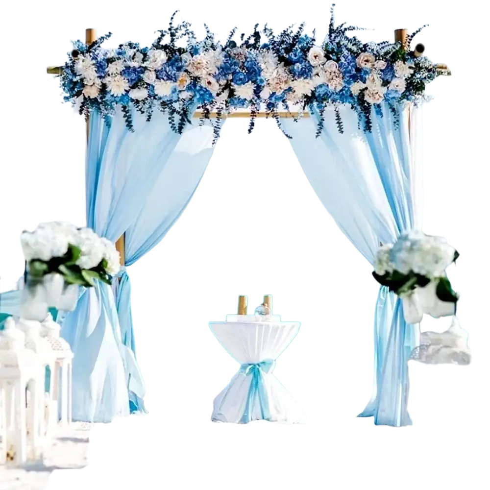 A delicate light blue organza fabric 70cm width diy decor roll forming a sheer archway with lush floral accents