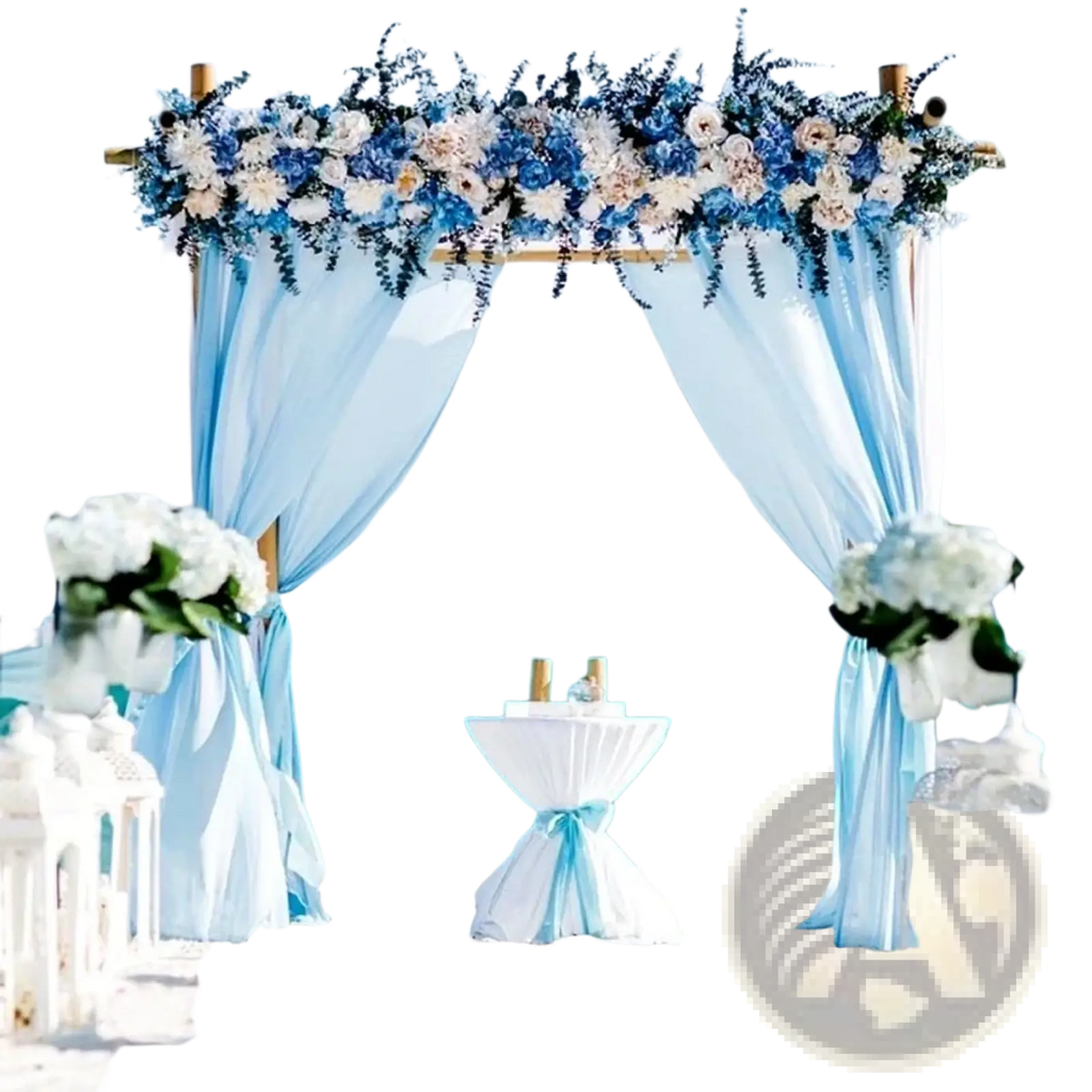 A delicate light blue organza fabric 70cm width diy decor roll forming a sheer archway with lush floral accents
