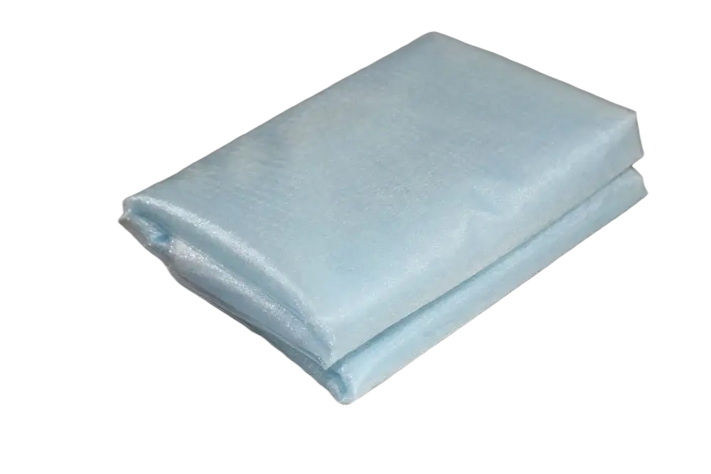 Light blue translucent organza fabric folded into a neat rectangular stack 70cm width diy decor roll