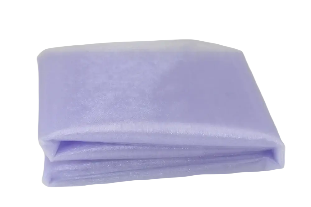 A neatly folded lavender organza fabric roll with 70cm width and delicate sheer tulle texture for diy decor