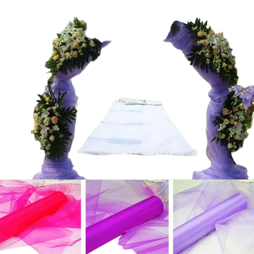 Organza fabric 70cm width roll in purple sheer tulle material draped and rolled for wedding arch decor