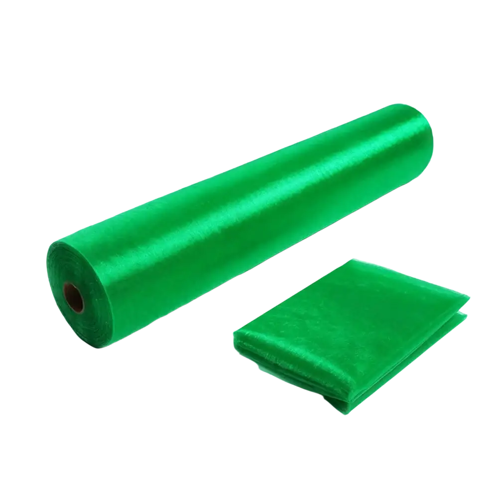 A roll of vibrant green satin organza fabric 70cm width with a smooth glossy finish and a folded sample for diy decor