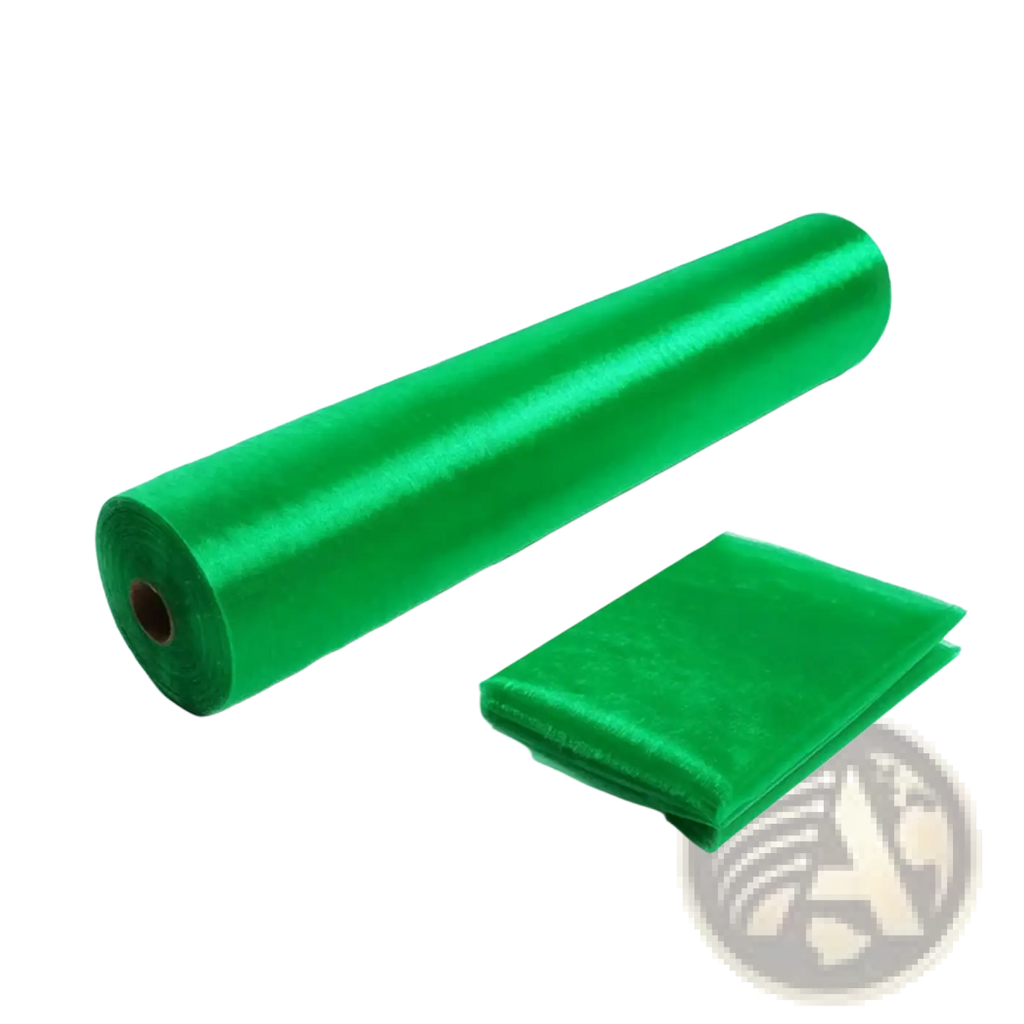 A roll of vibrant green satin organza fabric 70cm width with a smooth glossy finish and a folded sample for diy decor