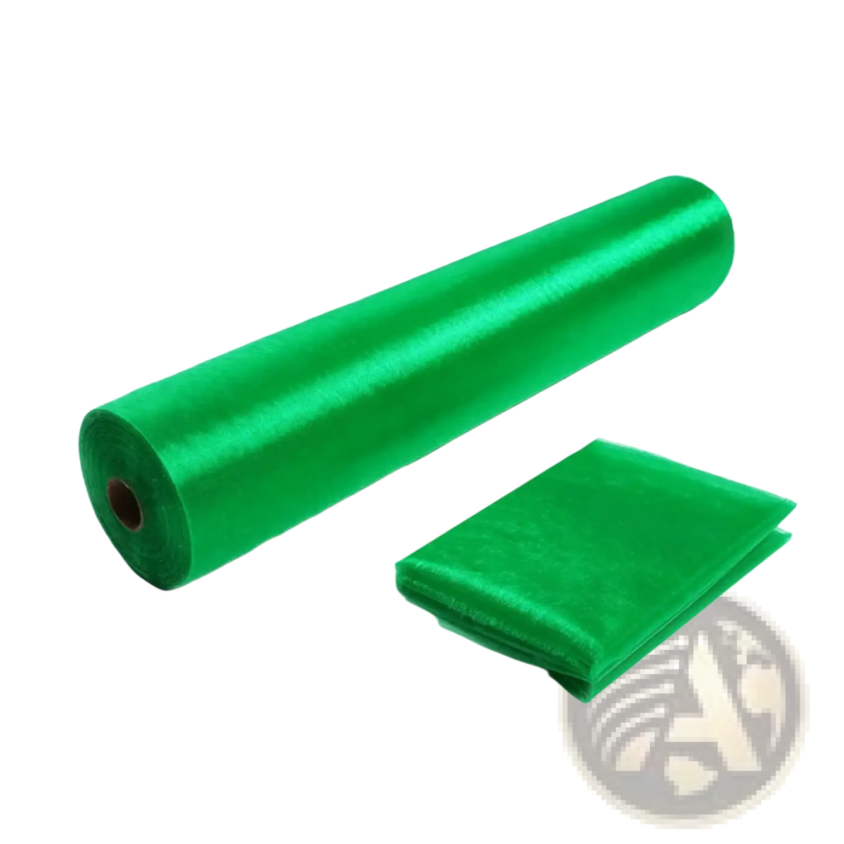 A roll of vibrant green satin organza fabric 70cm width with a smooth glossy finish and a folded sample for diy decor