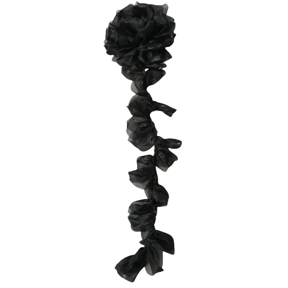 Black plastic organza flower tassel brooch pin with ruffled layered petals for decorative use