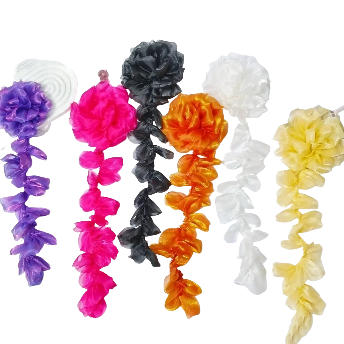 Organza flower tassel brooch pin featuring colorful sheer fabric flower chains in purple pink black orange white and yellow
