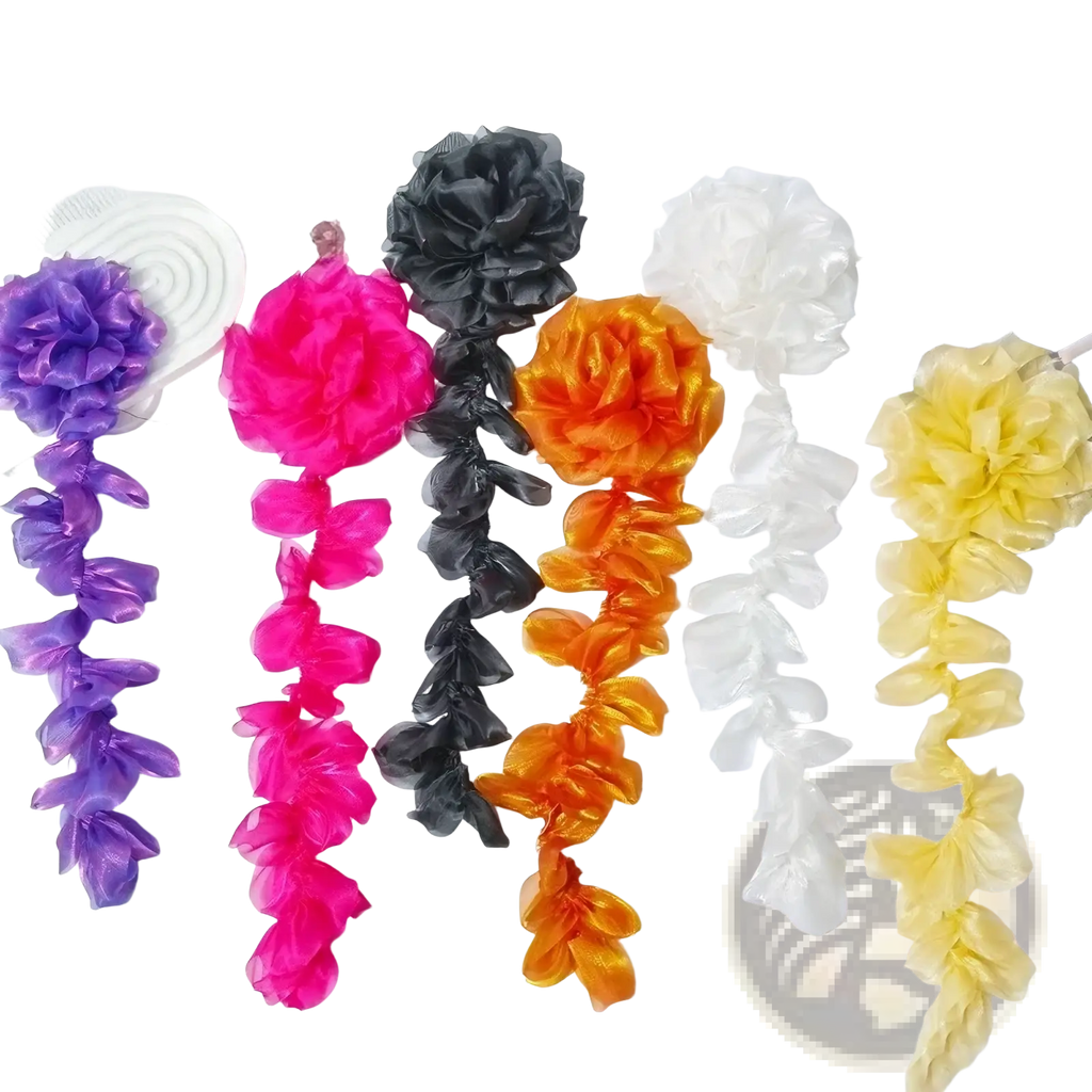 Organza flower tassel brooch pin featuring colorful sheer fabric flower chains in purple pink black orange white and yellow
