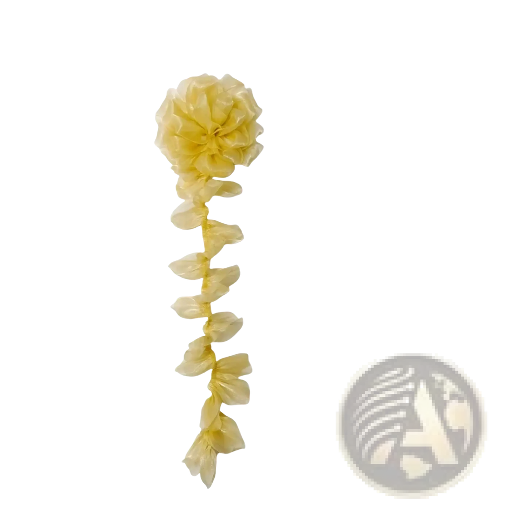 Delicate pale yellow organza flower tassel brooch pin with layered petals and cascading paper flower garland design