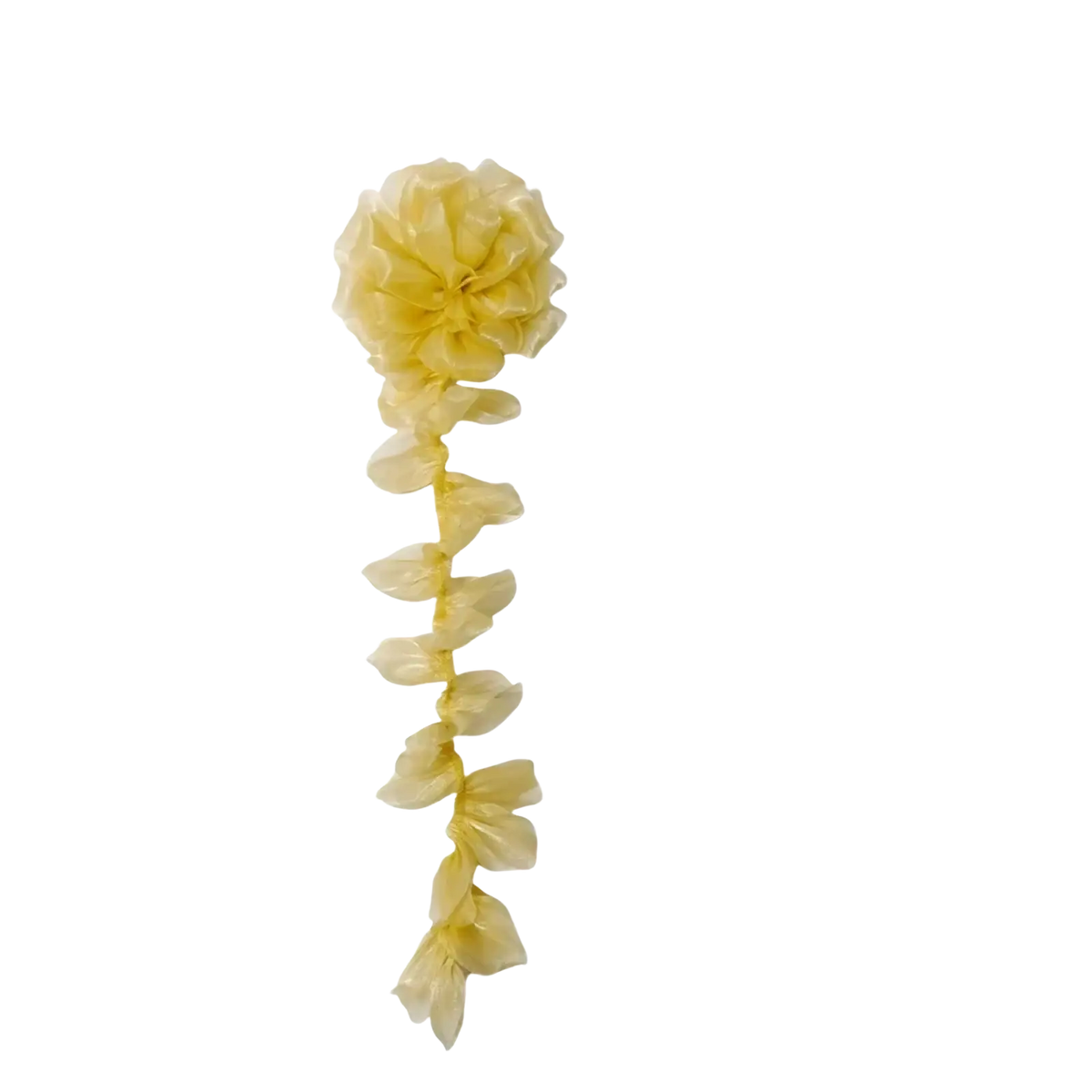 Delicate pale yellow organza flower tassel brooch pin with layered petals and cascading paper flower garland design