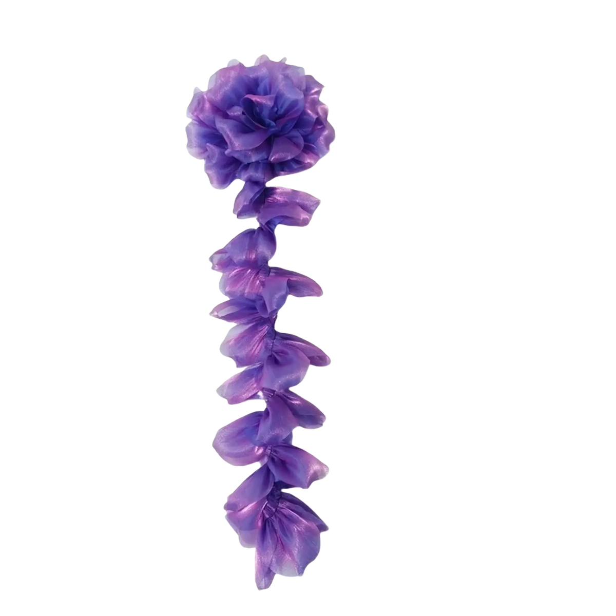 Organza flower tassel brooch pin featuring a shimmering purple tissue paper flower garland with layered ruffled petals