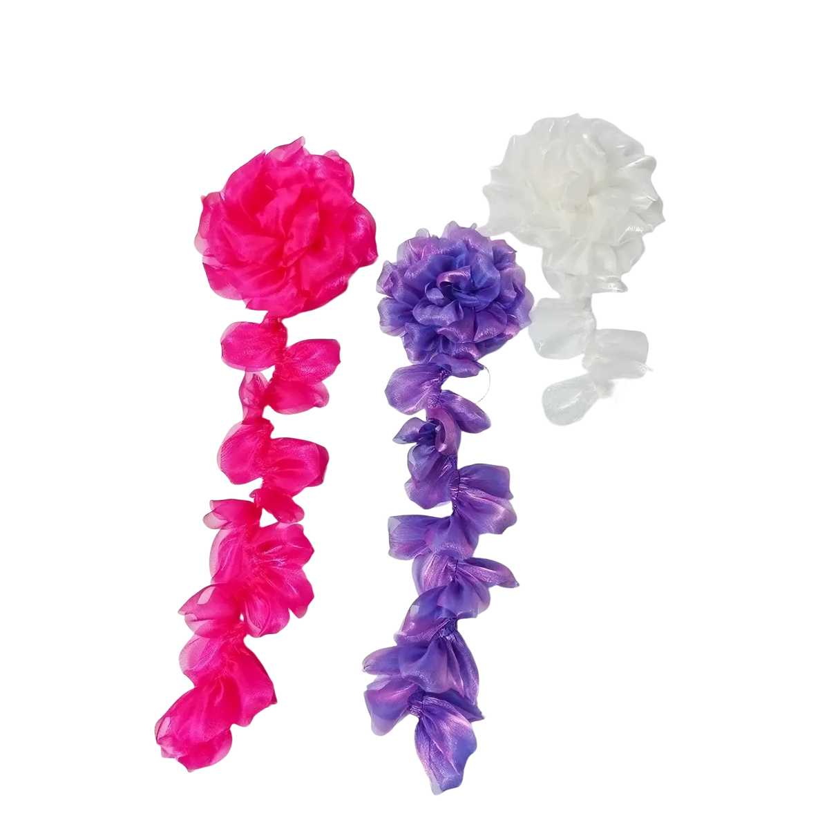 Organza flower tassel brooch pin featuring three decorative floral chains in pink purple and translucent white sheer fabric