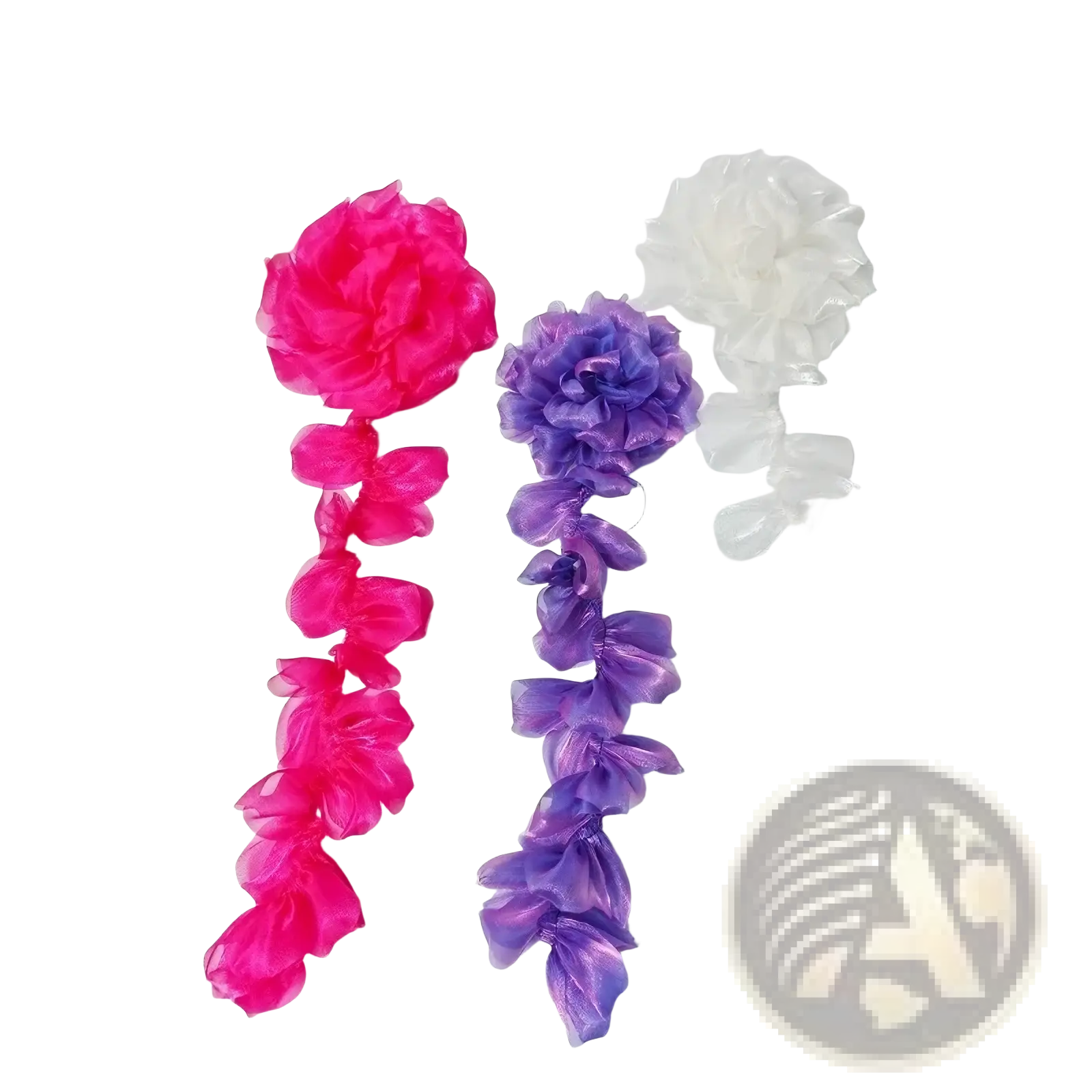 Organza flower tassel brooch pin featuring three decorative floral chains in pink purple and translucent white sheer fabric
