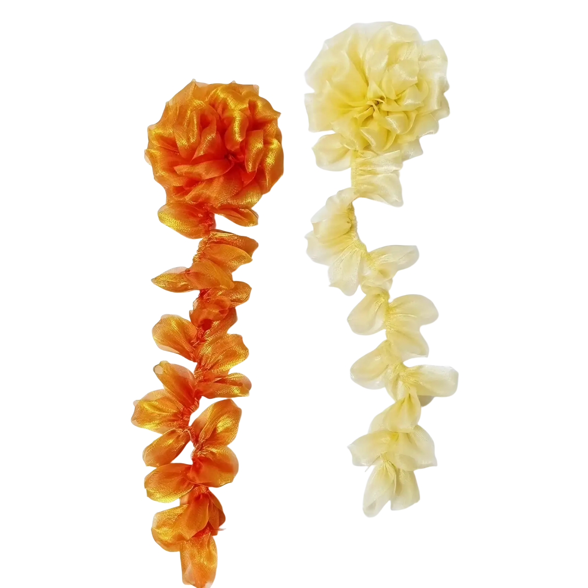 Organza flower tassel brooch pins featuring two decorative fabric flower chains in vibrant orange and soft cream satin