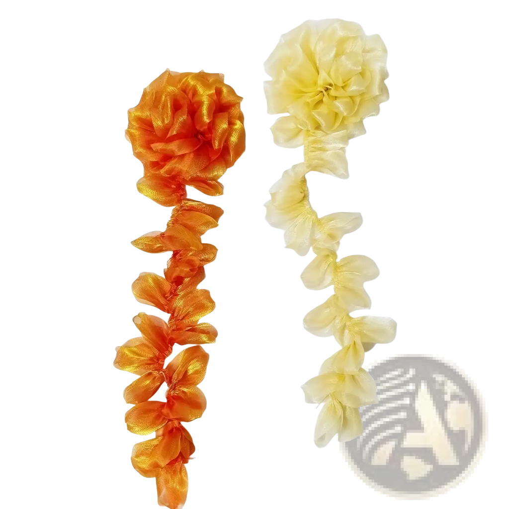 Organza flower tassel brooch pins featuring two decorative fabric flower chains in vibrant orange and soft cream satin