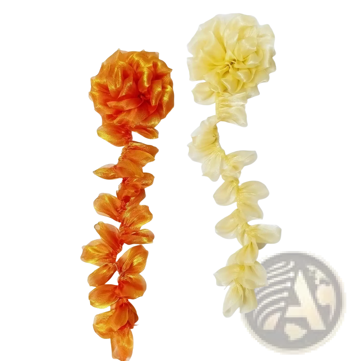 Organza flower tassel brooch pins featuring two decorative fabric flower chains in vibrant orange and soft cream satin