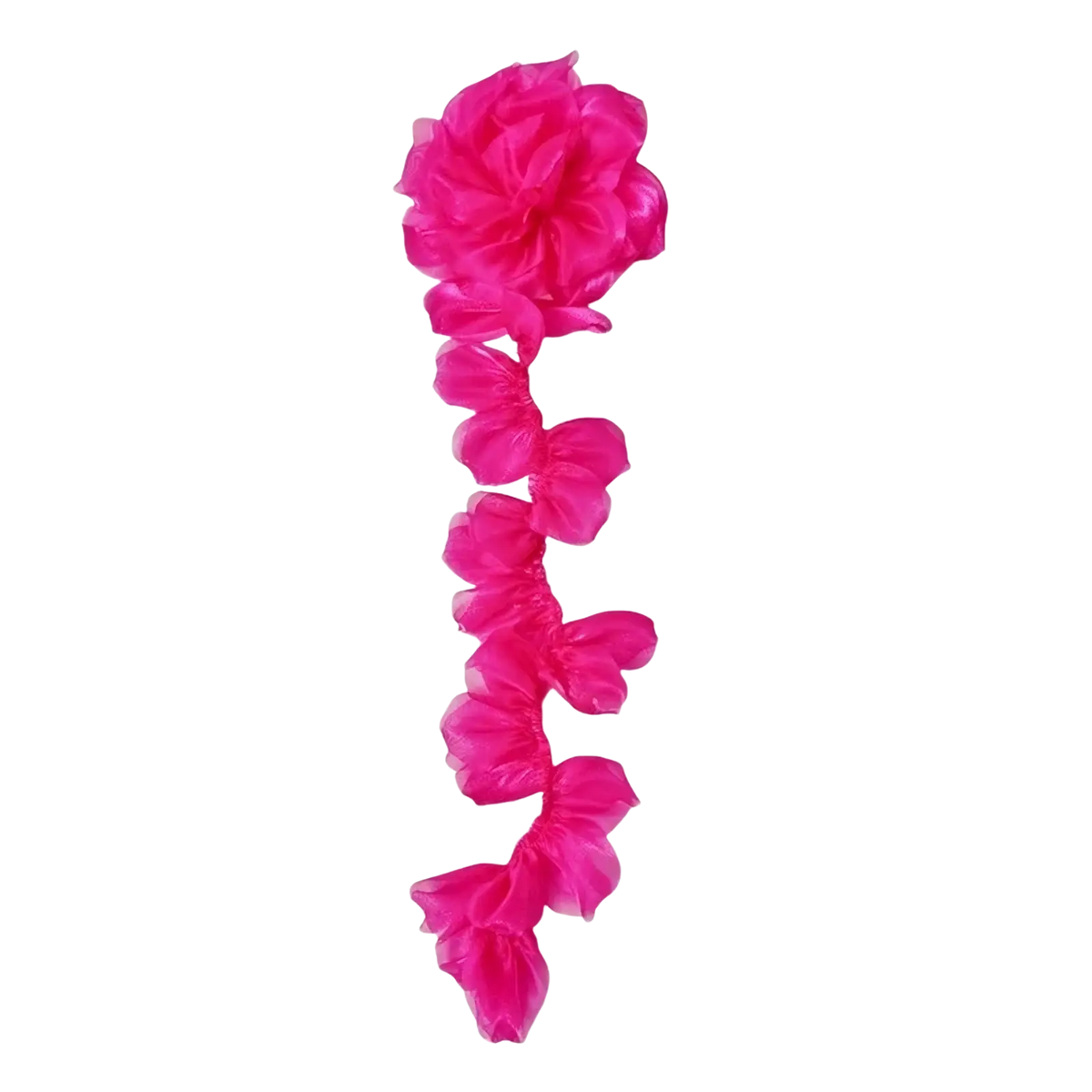 Organza flower tassel brooch pin featuring a vibrant fuchsia fabric flower garland with ruffled layered petals