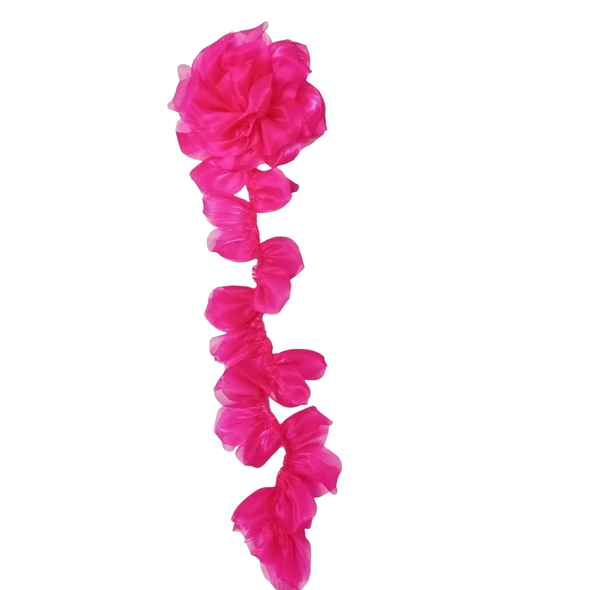 Organza flower tassel brooch pin featuring a vibrant fuchsia floral design with sheer ruffled fabric and cascading style