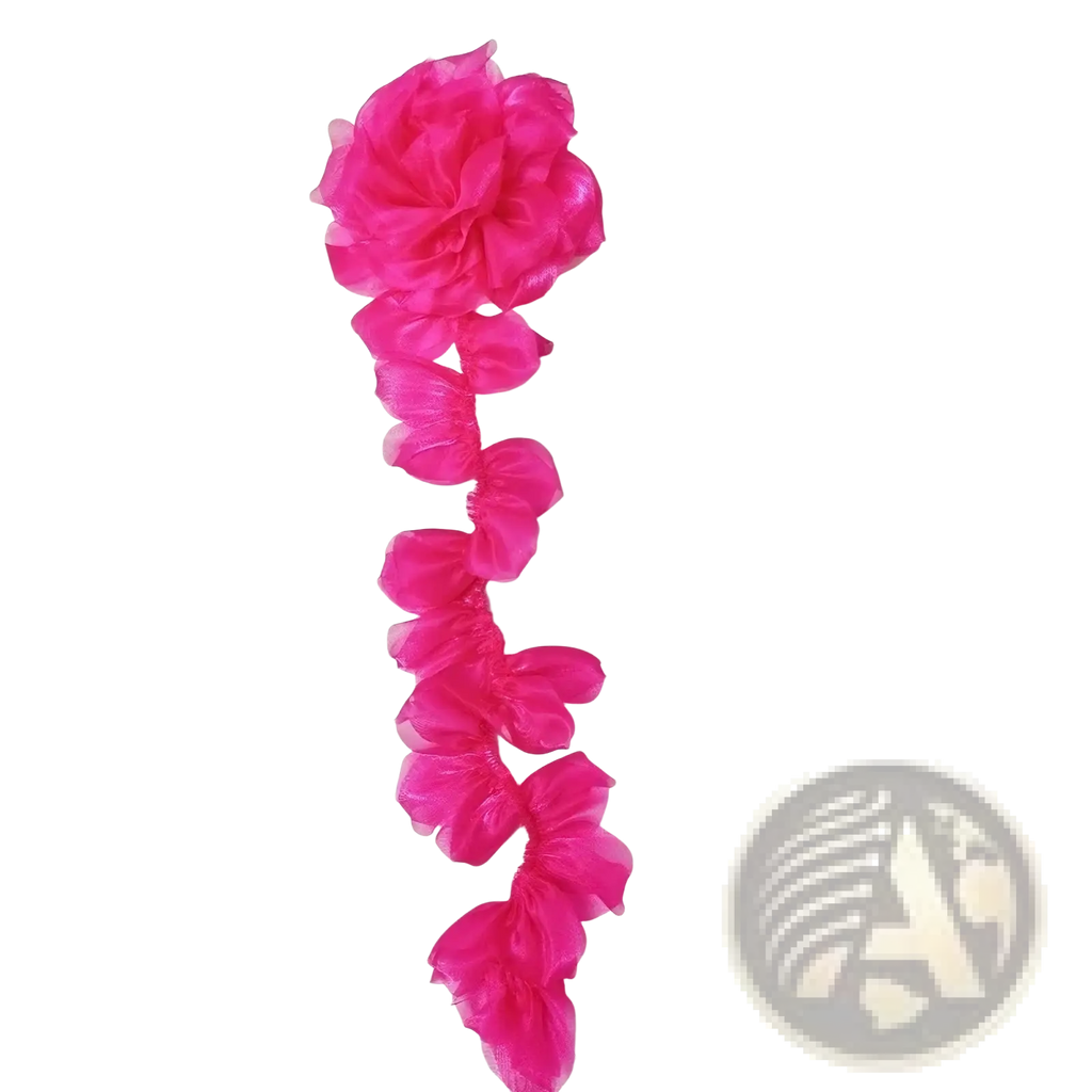 Organza flower tassel brooch pin featuring a vibrant fuchsia floral design with sheer ruffled fabric and cascading style