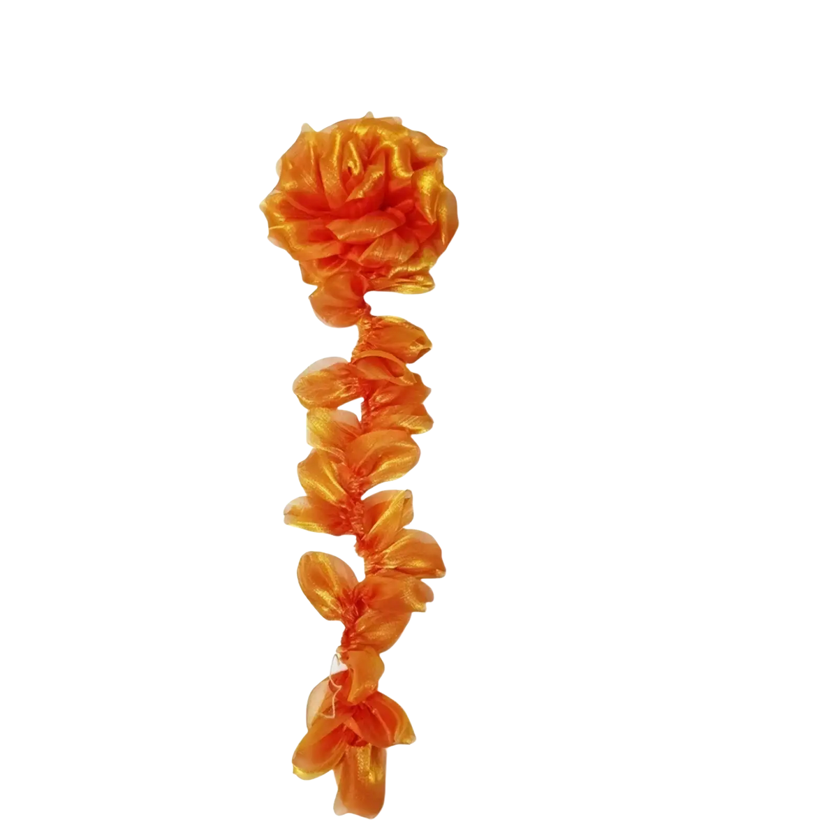 Organza flower tassel brooch pin featuring vibrant orange ruffled fabric garland with glossy layered petal design