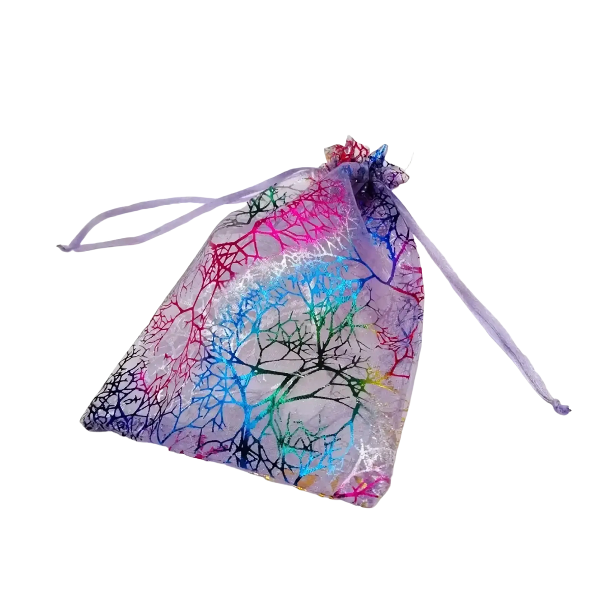 A sheer lavender organza drawstring pouch with a vibrant multicolored tree branch pattern from organza gift bags 200pcs coral gold set