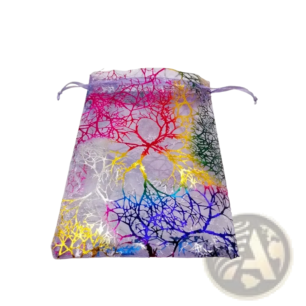 Coral gold organza gift bag with sheer rainbow-colored fabric and vibrant tree-of-life design with metallic branches
