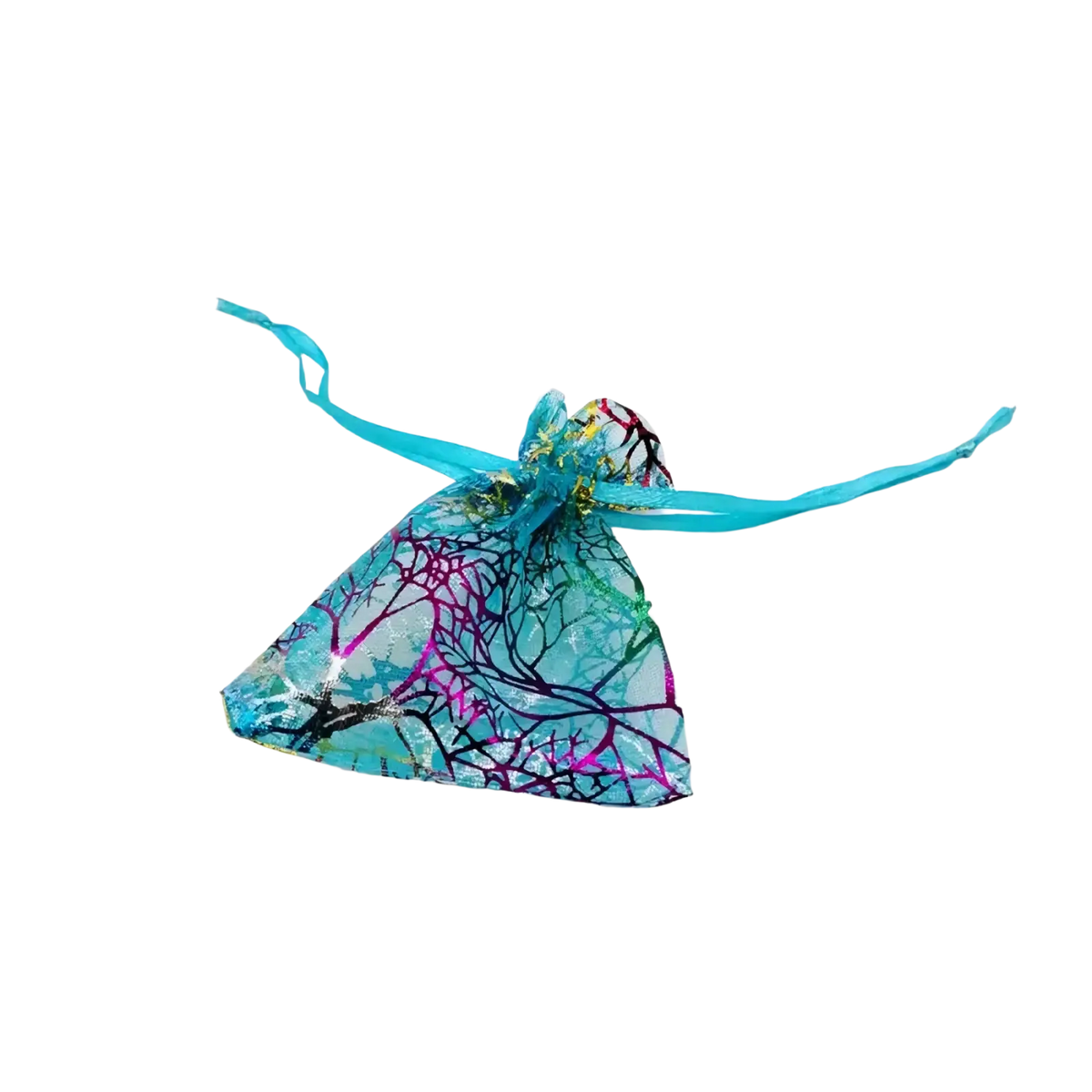 Organza gift bag with drawstring in translucent turquoise featuring a vibrant magenta and black tree branch pattern