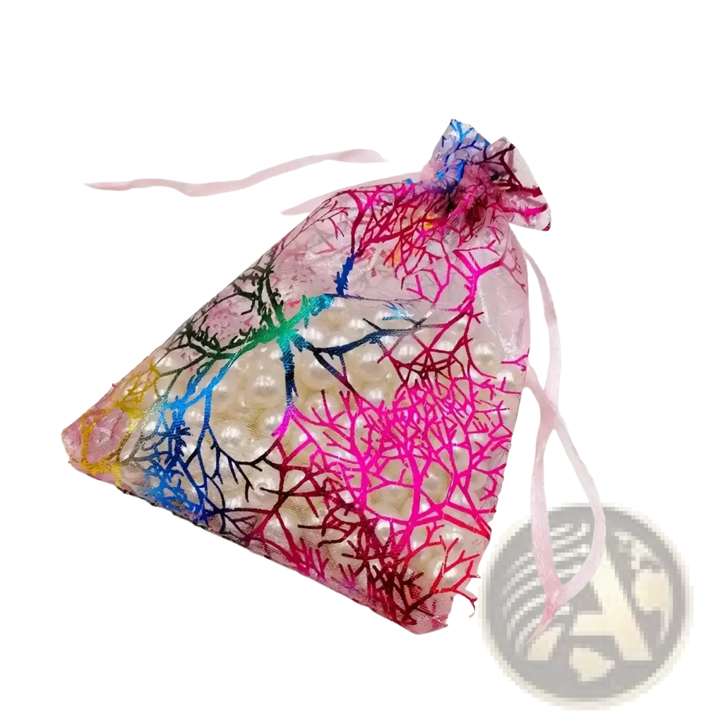 Organza gift bags 200pcs coral gold drawstring pouches with translucent organza and multicolored tree branch pattern