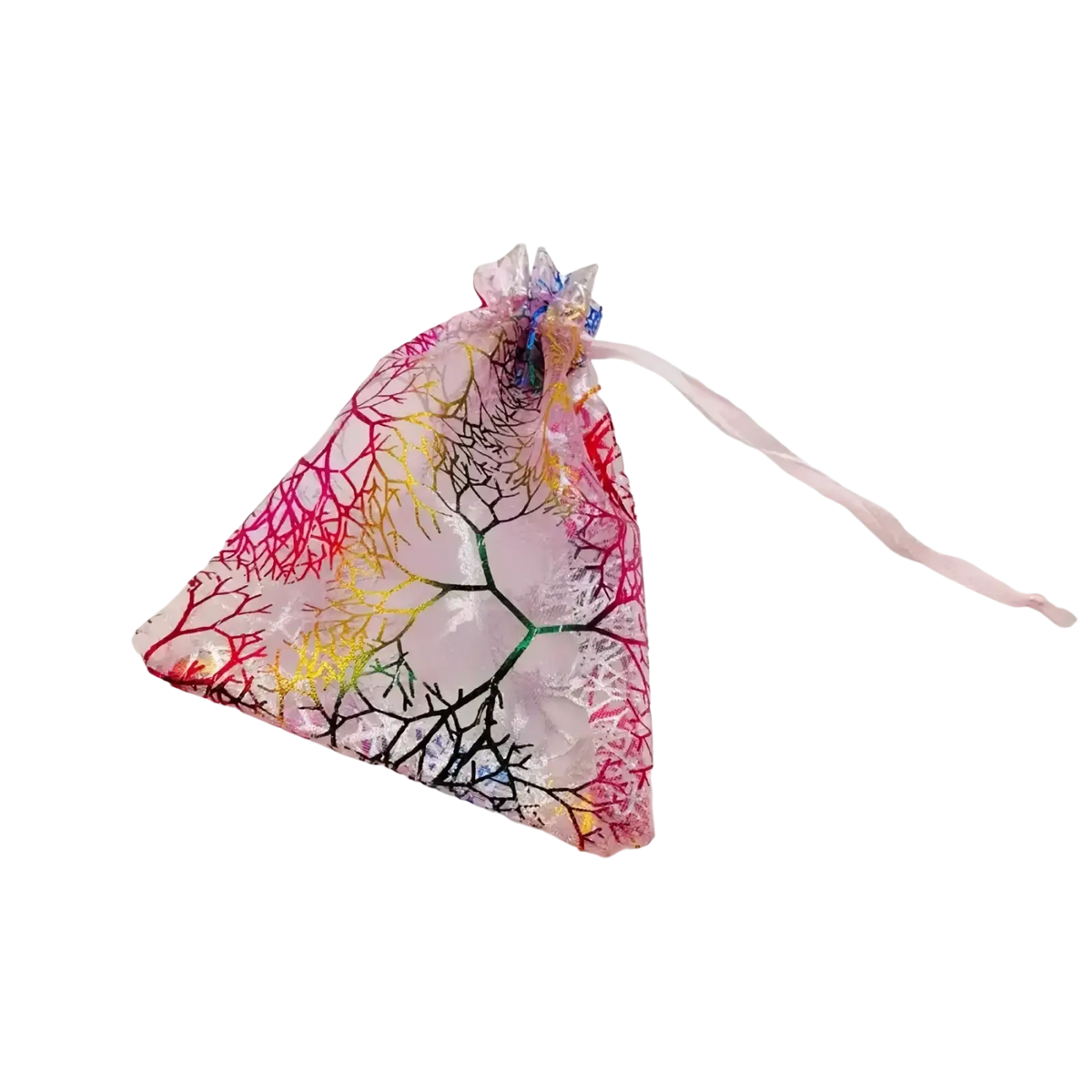 Organza gift bags 200pcs coral gold drawstring pouches with translucent organza and vibrant multi-colored tree branch pattern