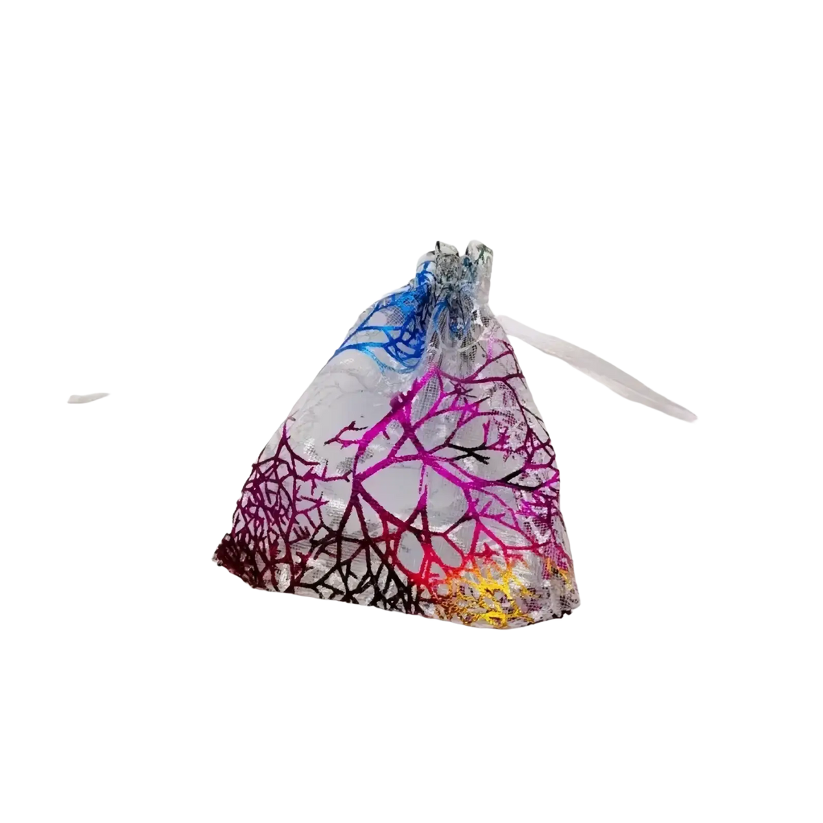 A coral gold organza gift bag featuring a translucent multicolored geometric drawstring pouch design