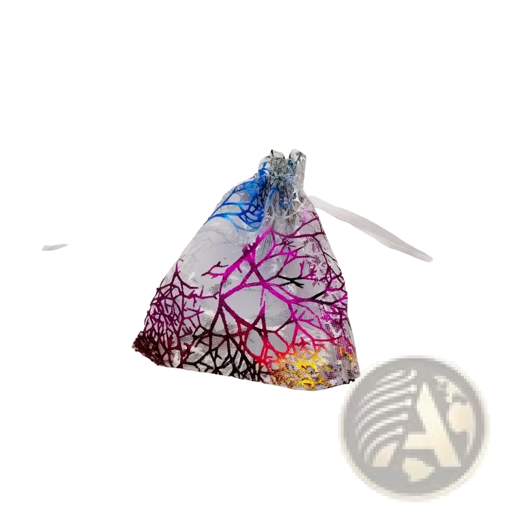 A coral gold organza gift bag featuring a translucent multicolored geometric drawstring pouch design