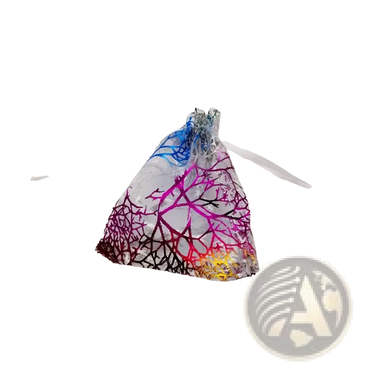 A coral gold organza gift bag featuring a translucent multicolored geometric drawstring pouch design