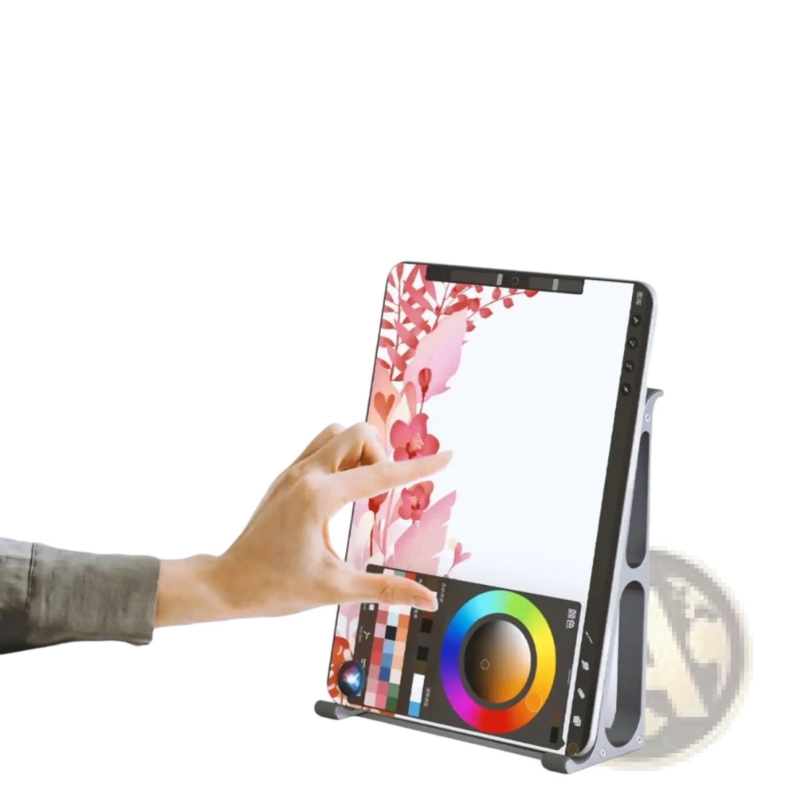 Silver graphic tablet with sleek modern design and vibrant digital illustration on screen paired with orico portable aluminum laptop stand and desktop riser