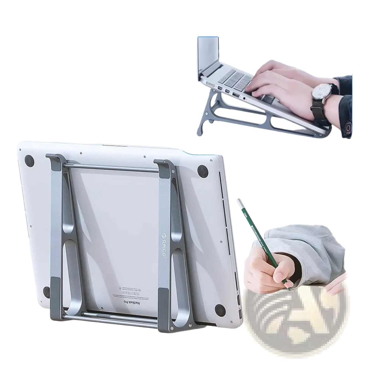 Silver metallic orico portable aluminum laptop stand with adjustable height and sleek minimalist design for desktop riser use