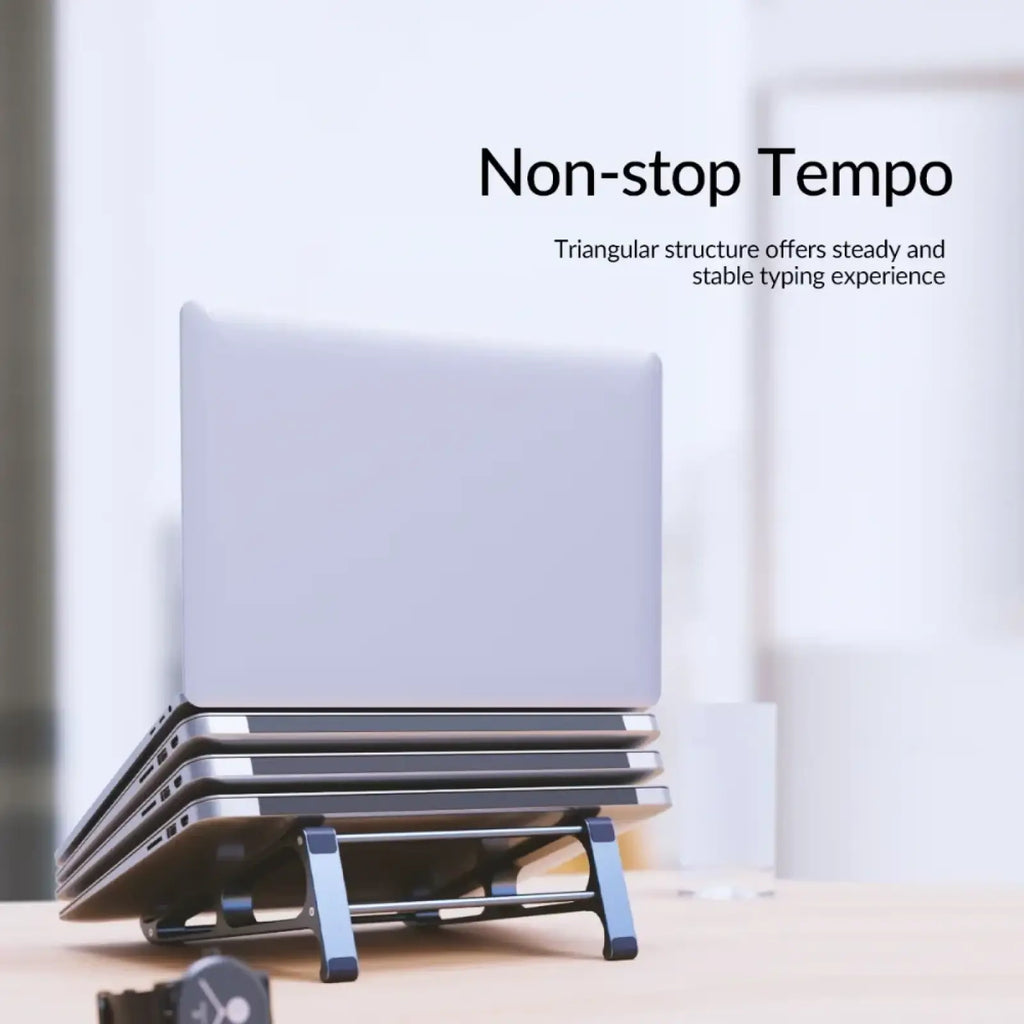 Orico portable aluminum laptop stand silver with triangular structure supporting multiple laptops for desktop use