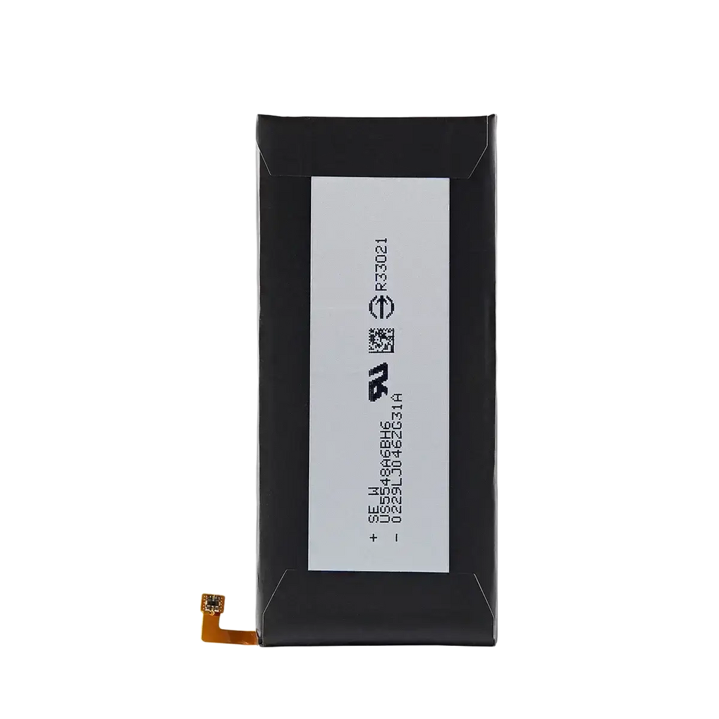 Black rectangular original bl-t30 smartphone battery with orange flex cable and white label for lg m320f m320n models back side
