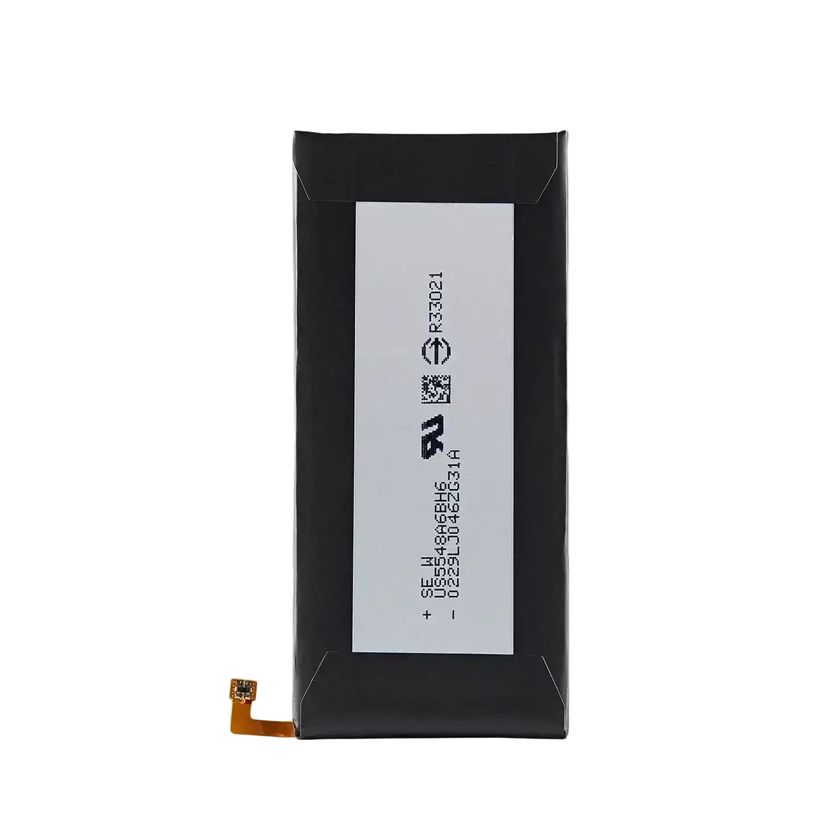Black rectangular original bl-t30 smartphone battery with orange flex cable and white label for lg m320f m320n models back side