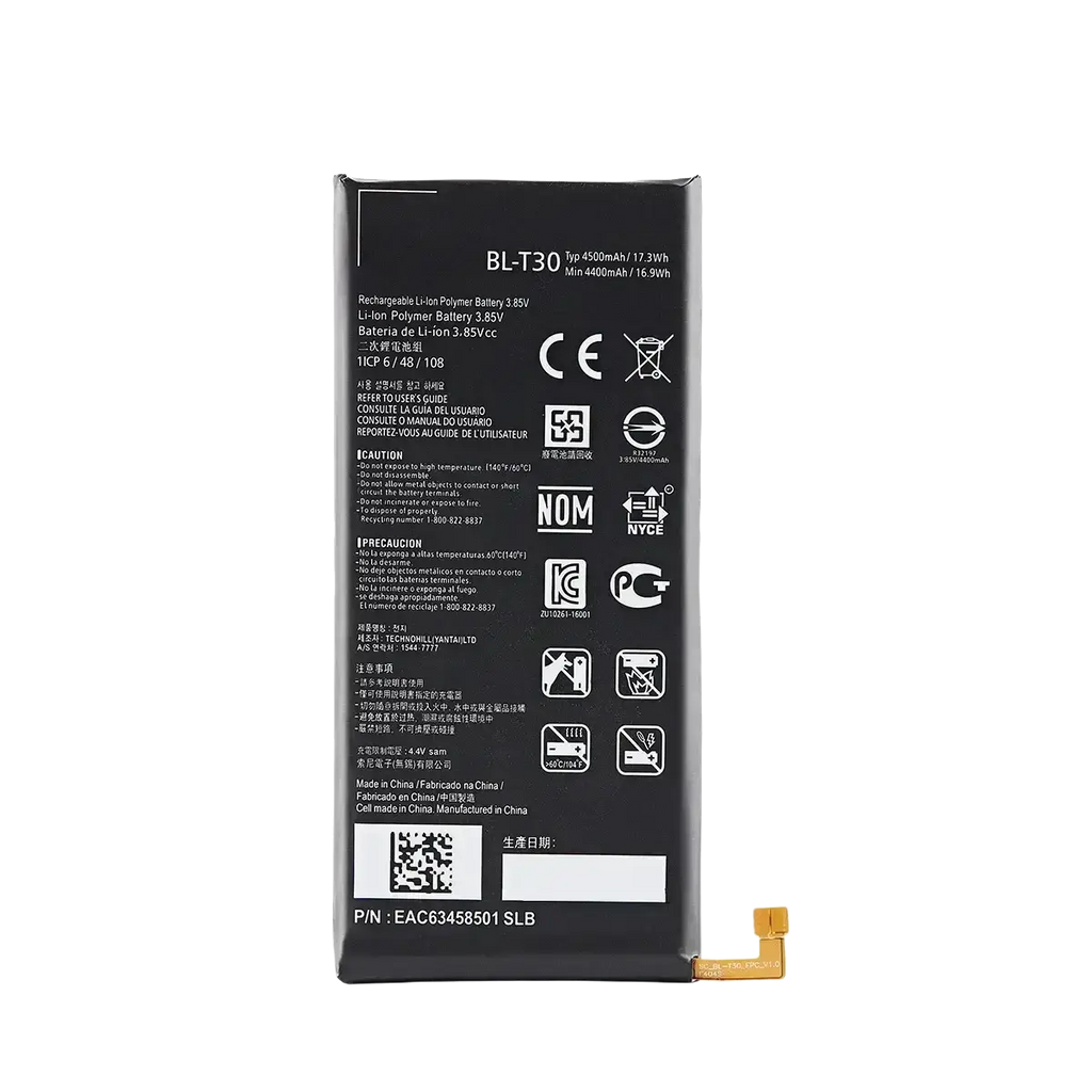 Original bl-t30 black rectangular lithium polymer battery with silver edges and gold connector for lg m320f m320n devices