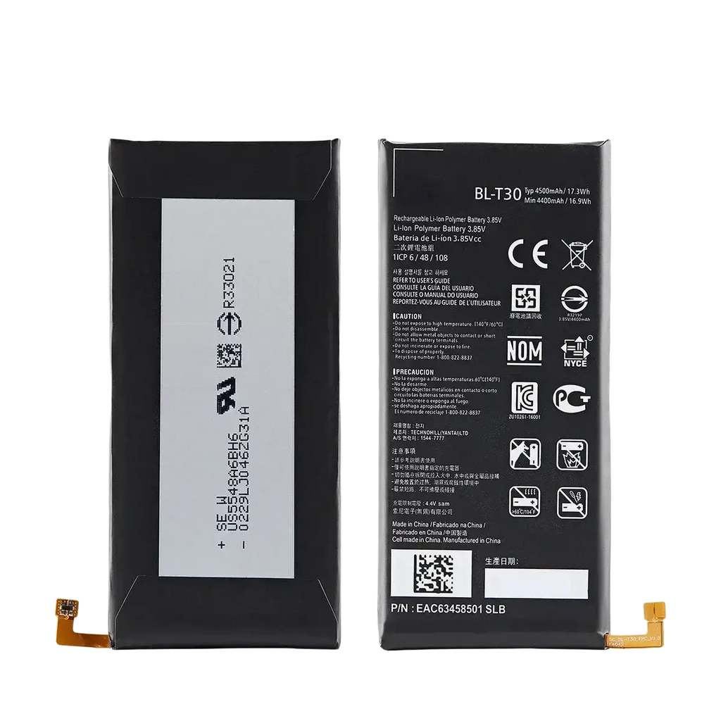Original bl-t30 black rectangular lithium polymer battery with white labeling and gold connectors for lg m320f m320n models