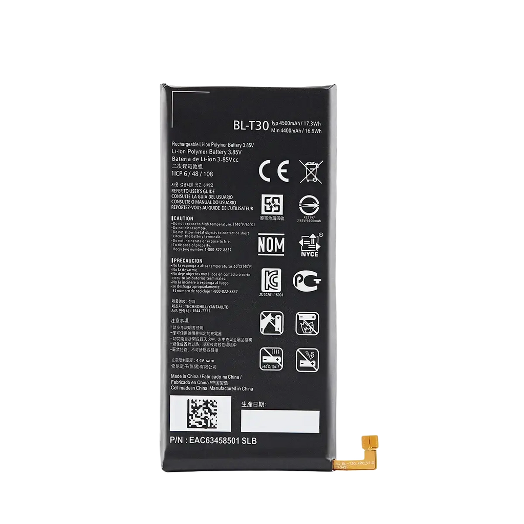 Black rectangular lithium polymer battery with gold flexible connector labeled bl-t30 for lg power2 l64vl m320f m320n m322