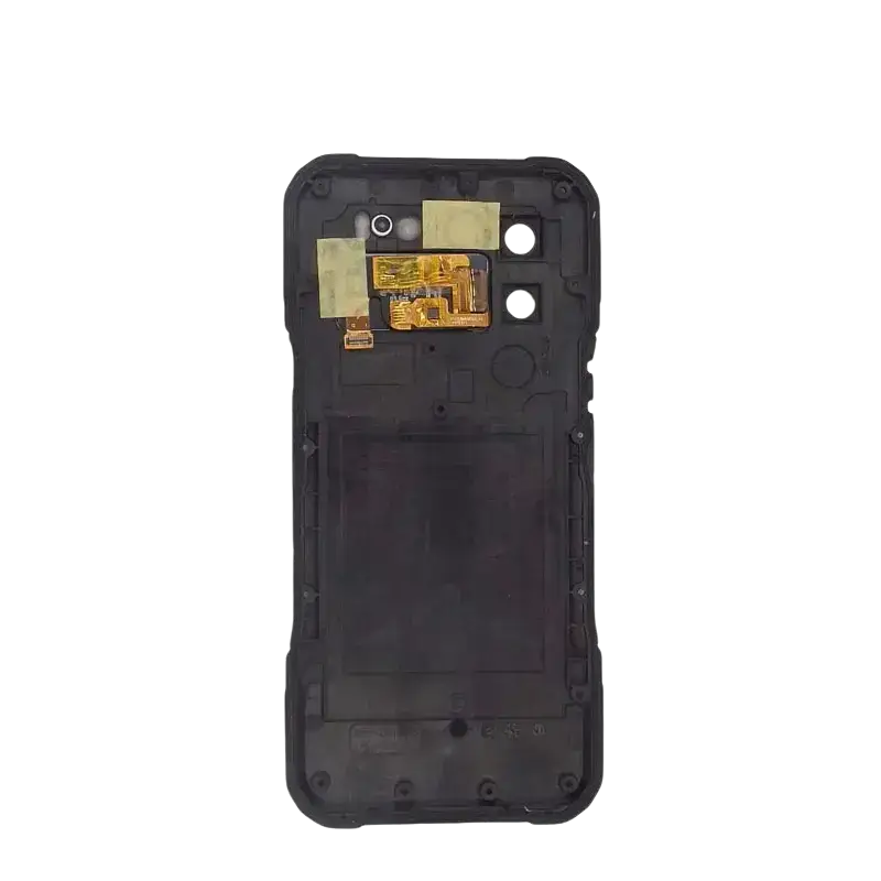 Original doogee v20s black plastic phone back cover showing internal circuitry and adhesive patches for replacement use
