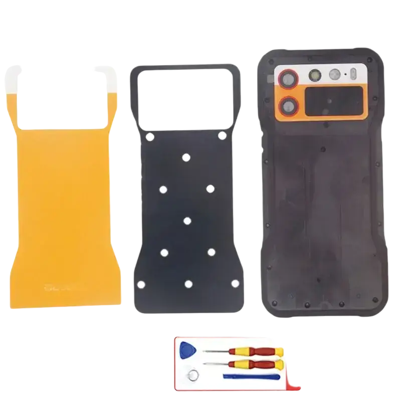 Black plastic back phone case with orange camera module and silver screws for original doogee v20s battery cover