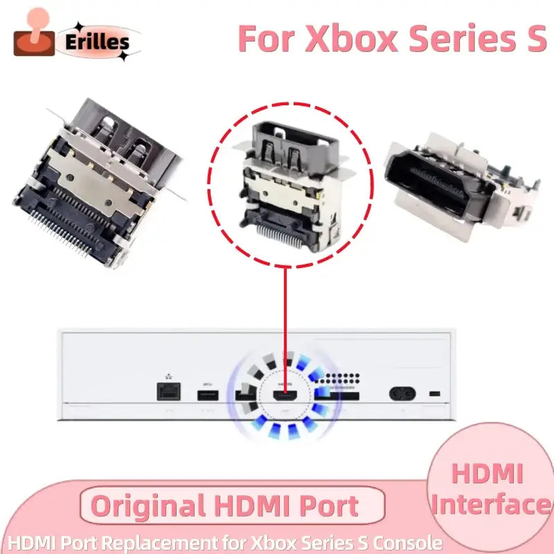Original hdmi port replacement for xbox series s console with sleek white plastic housing and metallic contacts