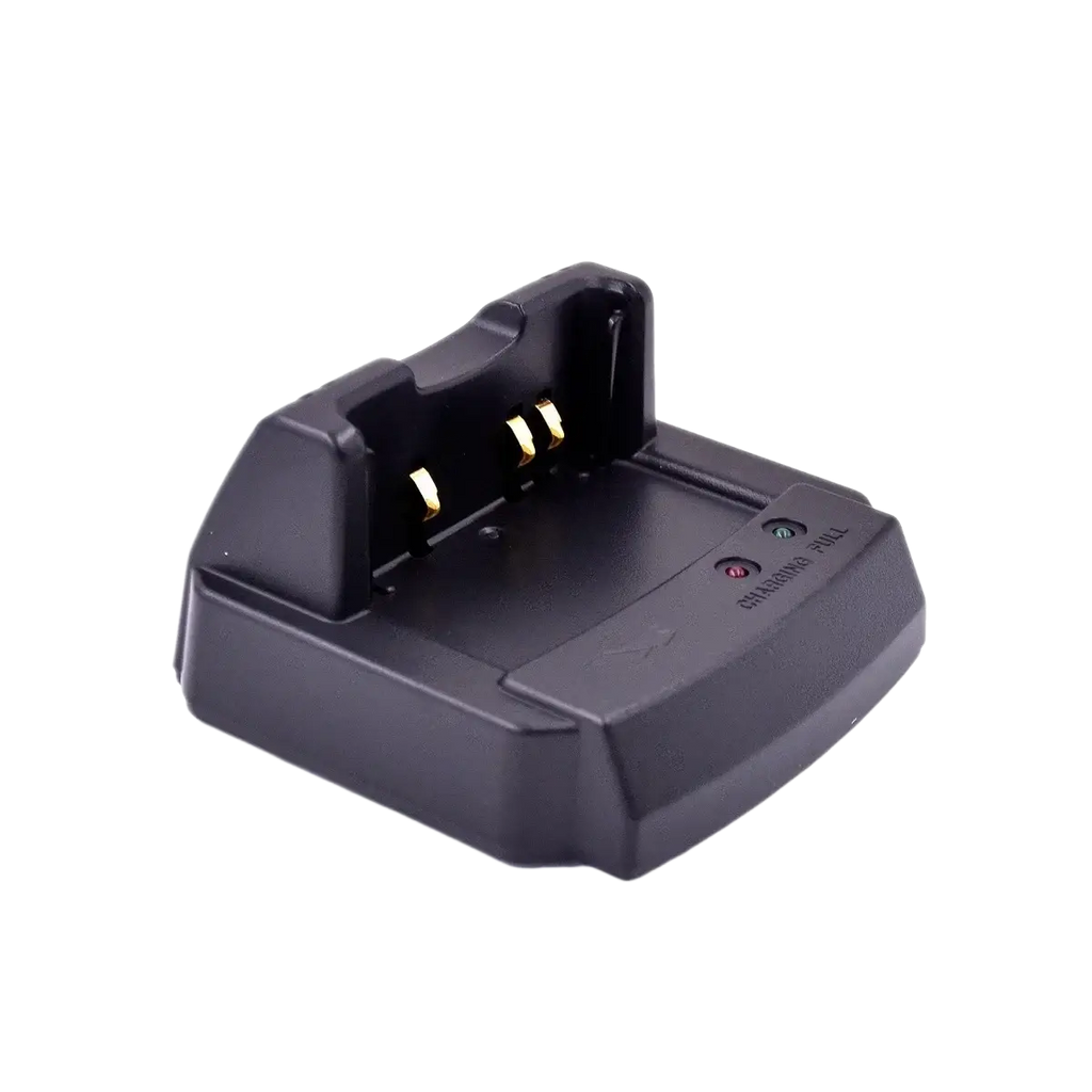 Black plastic original yaesu cd41 rapid charger tray with gold-colored contacts and indicator lights for efficient charging